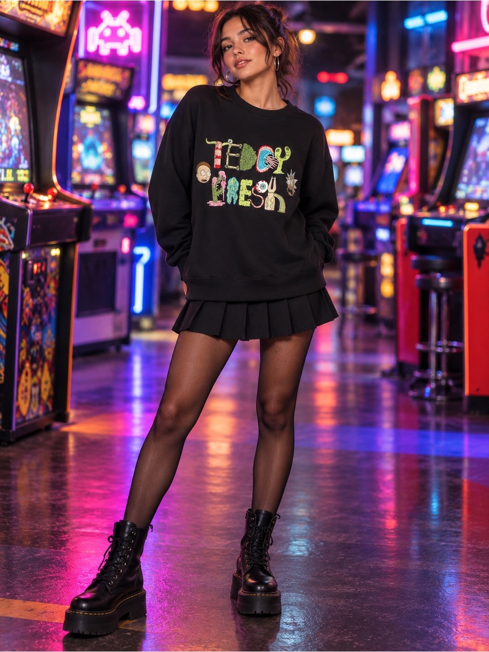 Teddy Fresh Rick and Morty collab Black Crewneck Sweatshirt with Multicolor Logo
